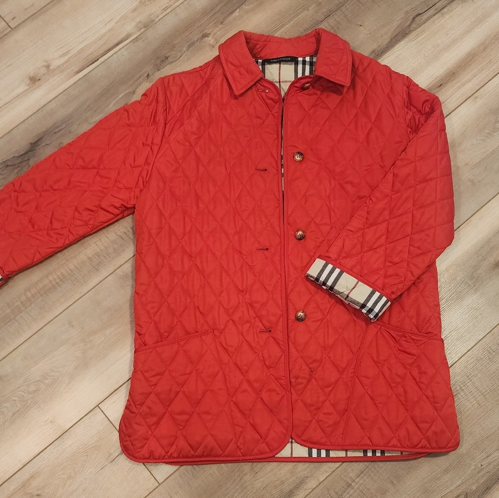 Burberry Vibrant Red Quilted Jacket with Plaid Accents